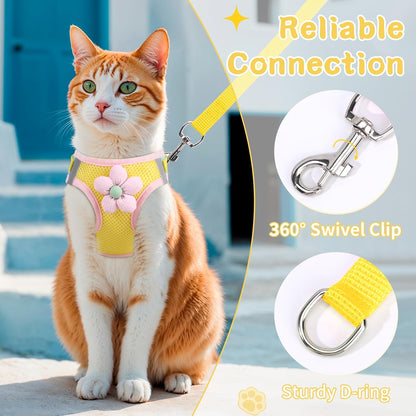 Cat Harness and Leash Set for Walking Escape Proof, Adjustable Kitten Harness Breathable Mesh with Reflective Strips Harness with Flower for Kitty Puppy Bunny Yellow XS