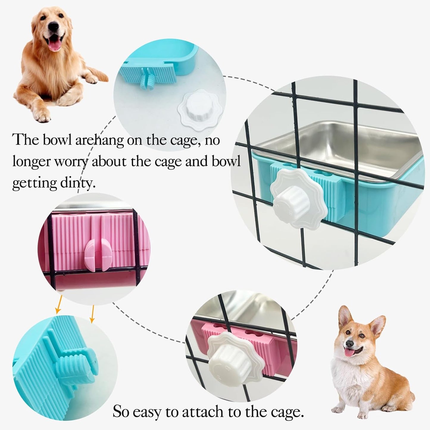 kathson Crate Dog Bowl, Removable Stainless Steel Hanging Pet Kennel Cage Bowl Food & Water Feeder Coop Cup for Puppy, Cat, Rabbit, Guinea Pigs 3pcs Small Square(Blue, Green, and Pink)