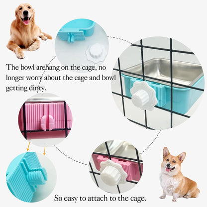 kathson Crate Dog Bowl, Removable Stainless Steel Hanging Pet Kennel Cage Bowl Food & Water Feeder Coop Cup for Puppy, Cat, Rabbit, Guinea Pigs 3pcs Small Square(Blue, Green, and Pink)