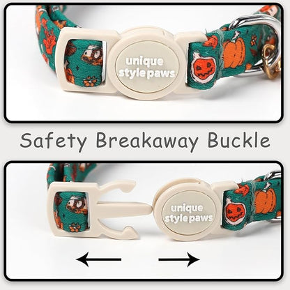 Unique style paws 2 Pack Autumn Halloween Kitten Collar Breakaway with Bell&Pendant, Adjustable Safety Oil Painting Pumpkin Party Cat Cotton Collar for Girl Boy Cat and Small Pet