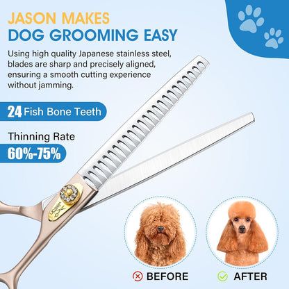 JASON 7.5" Dog Grooming Scissors - Professional Chunker Thinning Shear with with 24 Fishbone Teeth Japanese 440C Stainless Steel Hair Scissor with Diamond Screw for Dogs, Cats and Other Pets