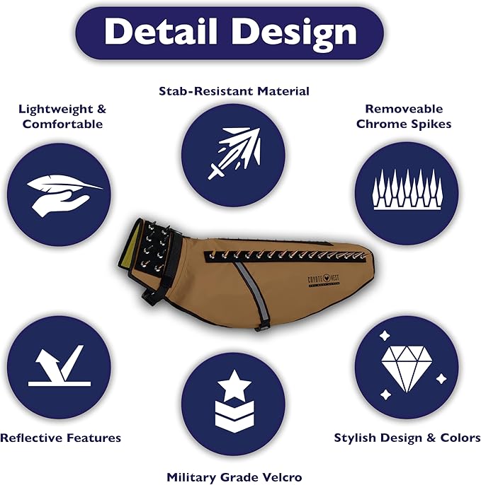 CoyoteVest Dog Harness Protection Vest, Reflective Dog Accessories with Spikes to Shield Your Pet from Raptor and Animal Attacks, Proudly Made in America (Medium, Texas Tan)