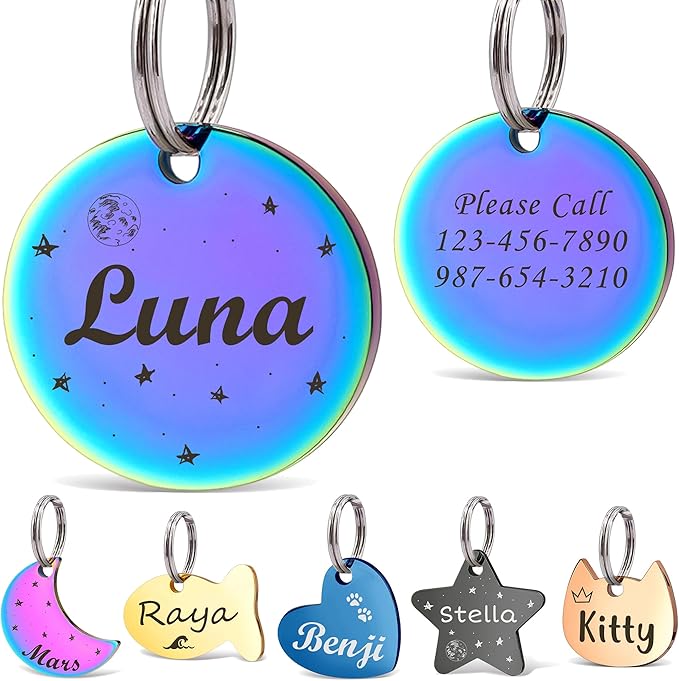 Anavia Small Size Dog Cat ID Tags, Small/XS Personalized Color Plated Stainless Steel Puppy Kitten Name Tags, Customized Engraved Nameplate Pet Collar Tag (Rainbow, Round)
