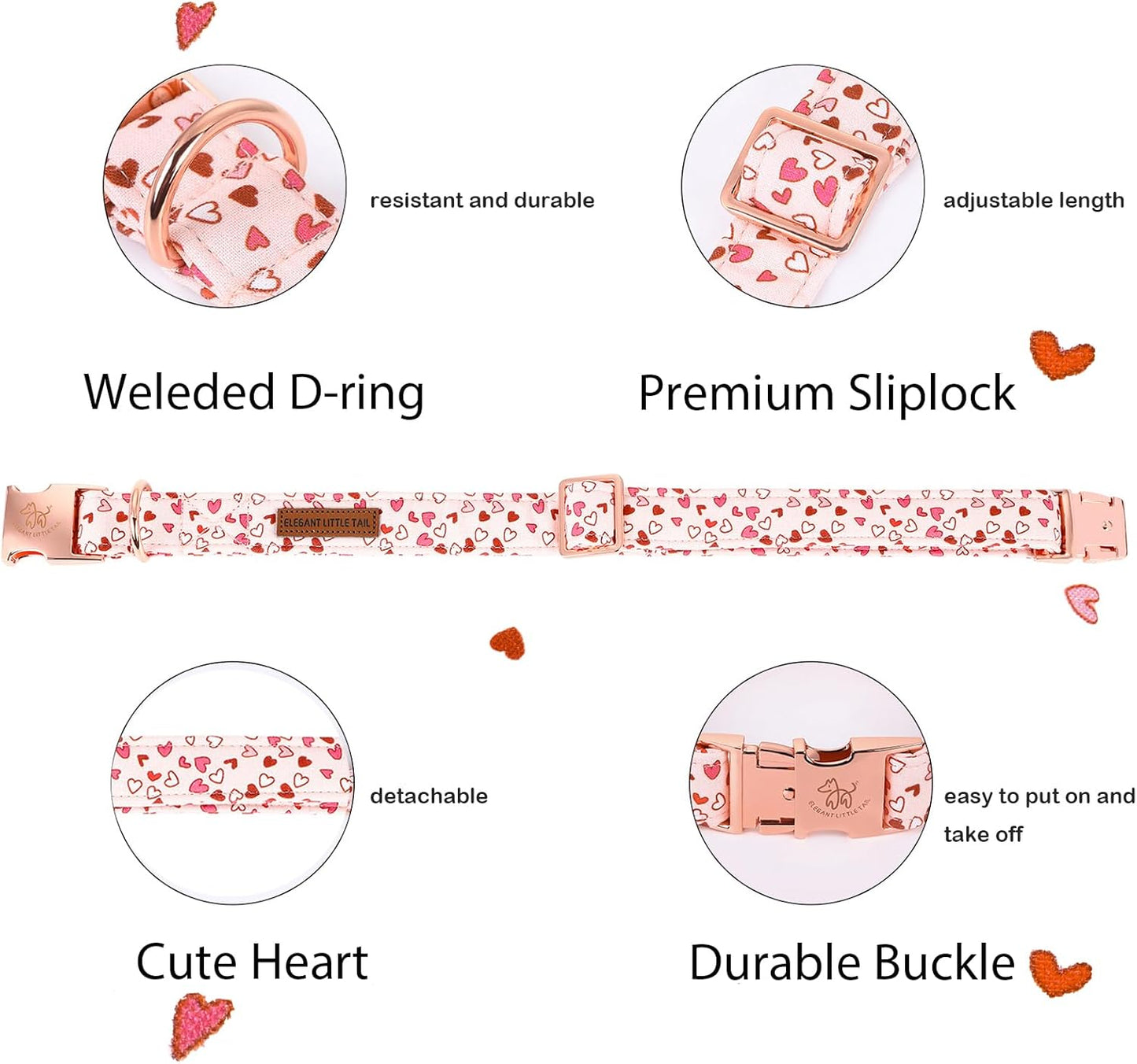 Elegant little tail Dog Collar, Valentine's Dog Collar Pet Collar, Pink Heart Dog Collar Cute Girl or Boy Dog Collar Puppy Pet Gift Adjustable Dog Collar for Large Dogs