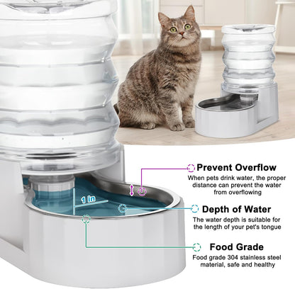 RIZZARI Gravity Water Bowl Dispenser: 4L Automatic Stainless Steel Water Feeder Without Filter - White Pet Waterer for Senior Dogs with Spine Problems - in Bedroom Garden