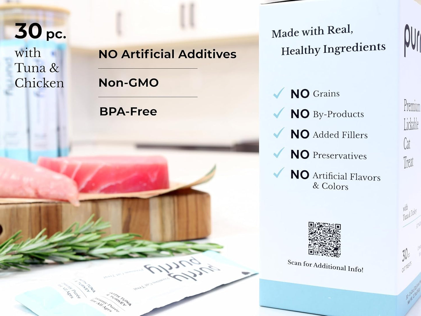 Purrly Lickable Cat Treat Healthy Human-Grade Tuna & Turkey with L-Lysine & Astaxanthin for Immunity (30 Count) Soft Healthy Low Calorie Hydrating Interactive Snack