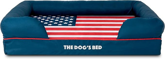 The Dog’s Bed, Large Blue Oxford with Red Trim, USA Flag Dog Bed with Central Flag Memory Foam, Pain Relief: Arthritis, Post Surgery, Waterproof Washable Cover
