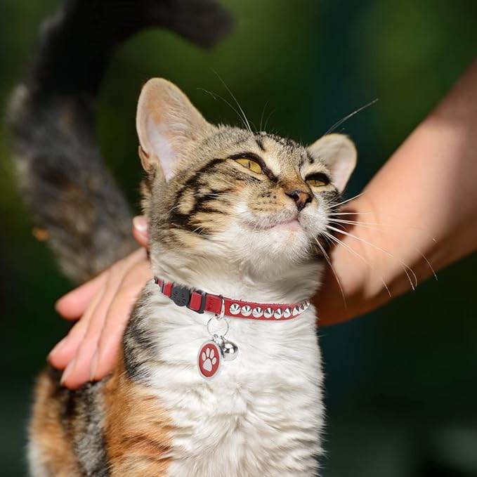 Leather Personalized Breakaway Cat Collar with Studded Bell and Safety Quick Release Buckle - Rivets Studded ID DIY Collars for Boy Girl Cats Kittens, 9" - 11.5" Red