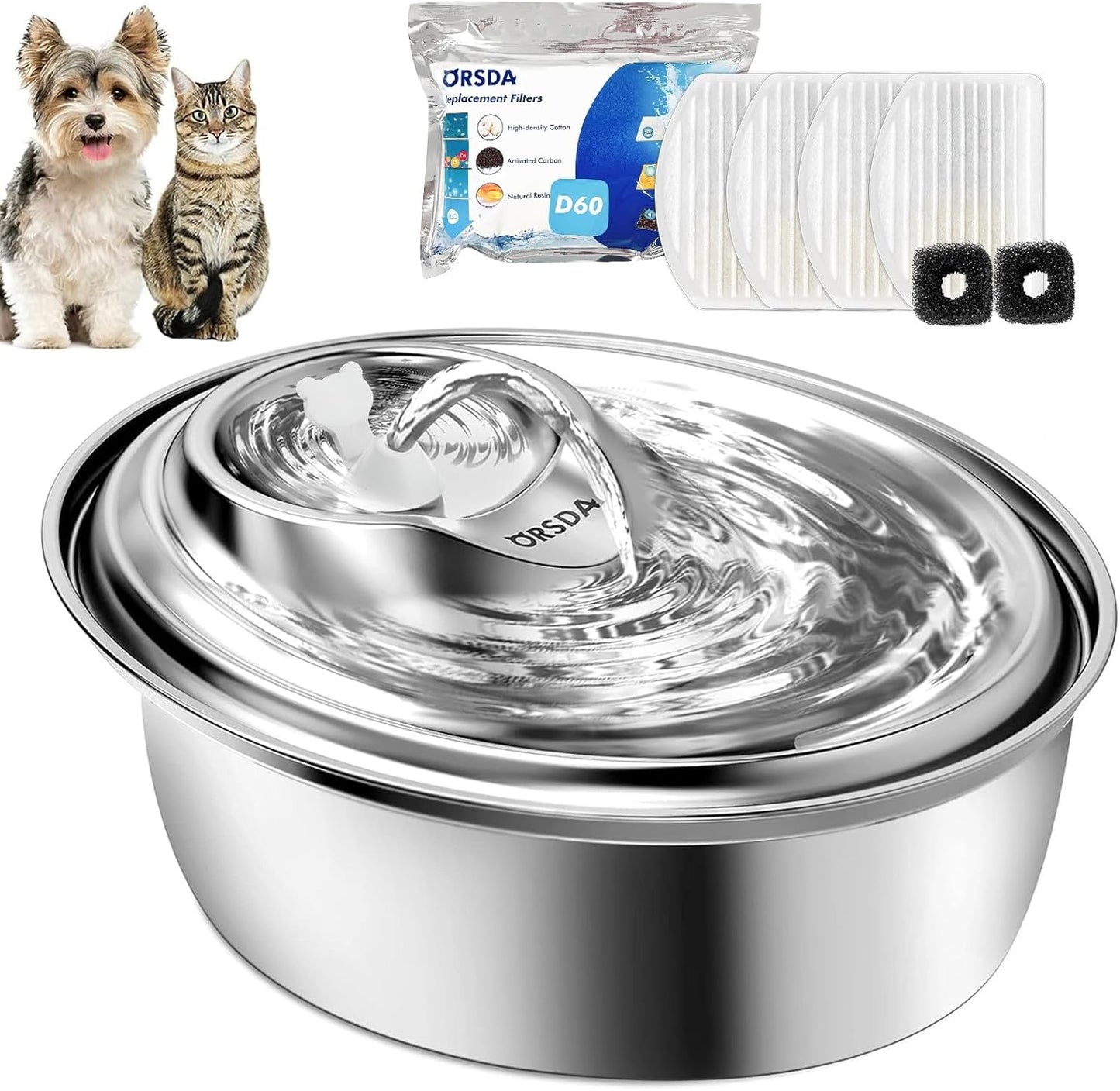 ORSDA Cat Water Fountain Stainless Steel, 3L Automatic Pet Drinking Fountain for Cats Inside, Dog Water Dispenser with Adjustable Water Flow and 6 Replacement Filters for Cats, Dogs