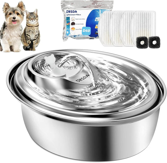ORSDA Cat Water Fountain Stainless Steel, 3L Automatic Pet Drinking Fountain for Cats Inside, Dog Water Dispenser with Adjustable Water Flow and 6 Replacement Filters for Cats, Dogs