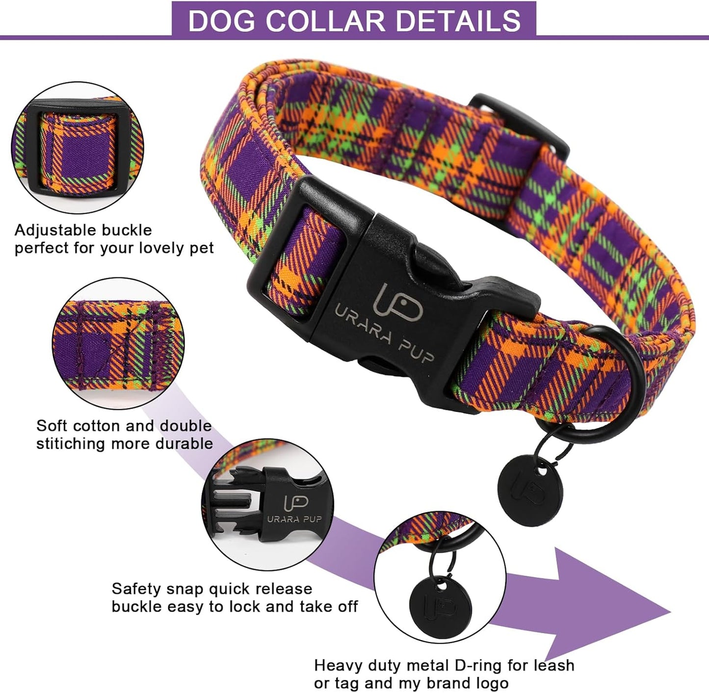 Halloween Dog Collar, Colorful Plaid Dog Collar for Small Dogs, Fall & Winter Puppy Collars with Lightweight Plastic Buckle, Cute Plaid Pet Collars for Girl Boy Dogs,XS