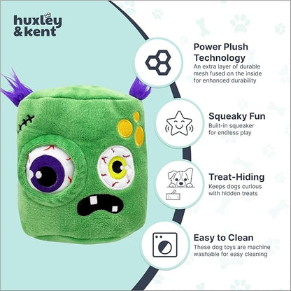 Huxley & Kent Dog Plush Toy w/ Squeaker - Interactive Dog Toys For Puppies & Adult Dogs - Diamond Mesh Tech Lined Puppy Plush Toys - Easy-to-Clean Pet Toy (Pop n' Fetch Zombie Pop-Eye,Small)