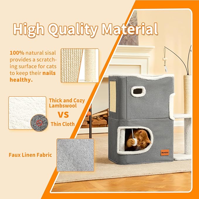 Cat Bed Cave for Indoor Cats with Scratch Pad Cat House Condo Adults with Fluffy Ball Cats Hideaway Large 2-Storey Cube Beds for Pets Grey