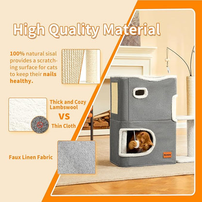 Cat Bed Cave for Indoor Cats with Scratch Pad Cat House Condo Adults with Fluffy Ball Cats Hideaway Large 2-Storey Cube Beds for Pets Grey