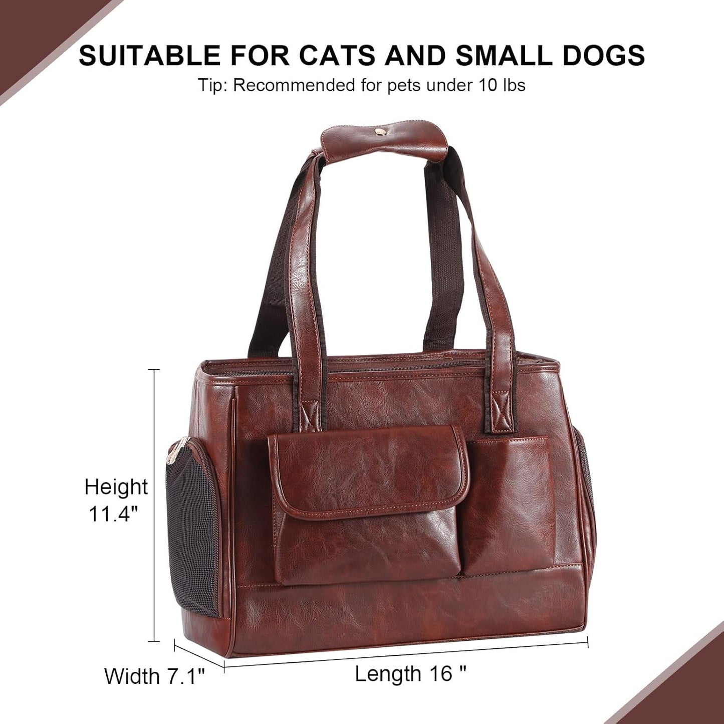 Dog Carrier Purse, Fashion Leather Pet Carrier Bag, Airline Approved Soft Sided Cat Travel Tote Bag with Pockets Coffee
