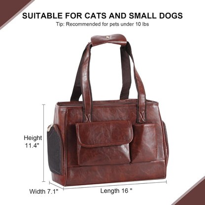 Dog Carrier Purse, Fashion Leather Pet Carrier Bag, Airline Approved Soft Sided Cat Travel Tote Bag with Pockets Coffee