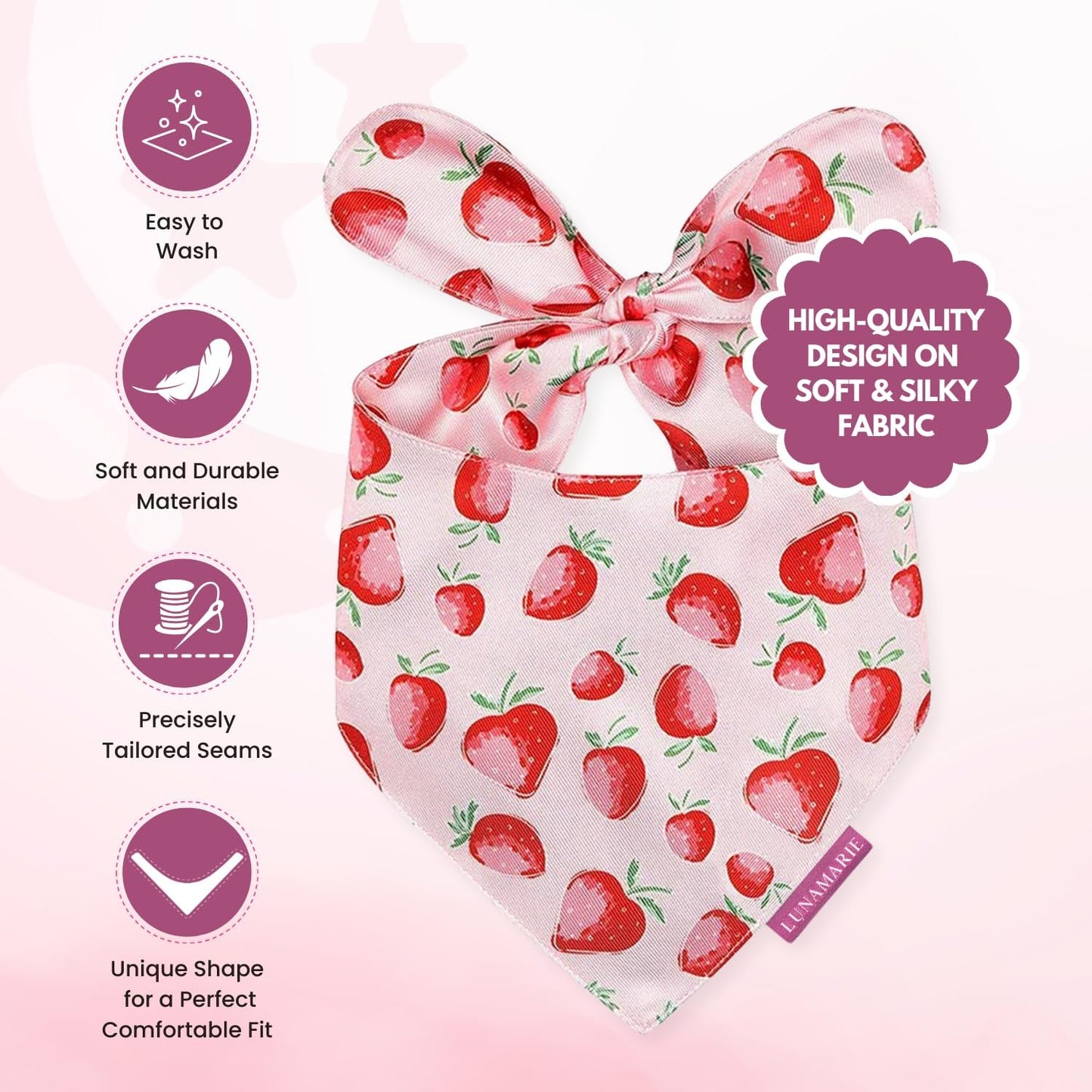 LunaMarie - Luxury Pet Birthday Bandanas -Premium & Silky Poly Fabric | 100% Handmade | Custom Shape Dual Layered (Strawberry, X-Small)