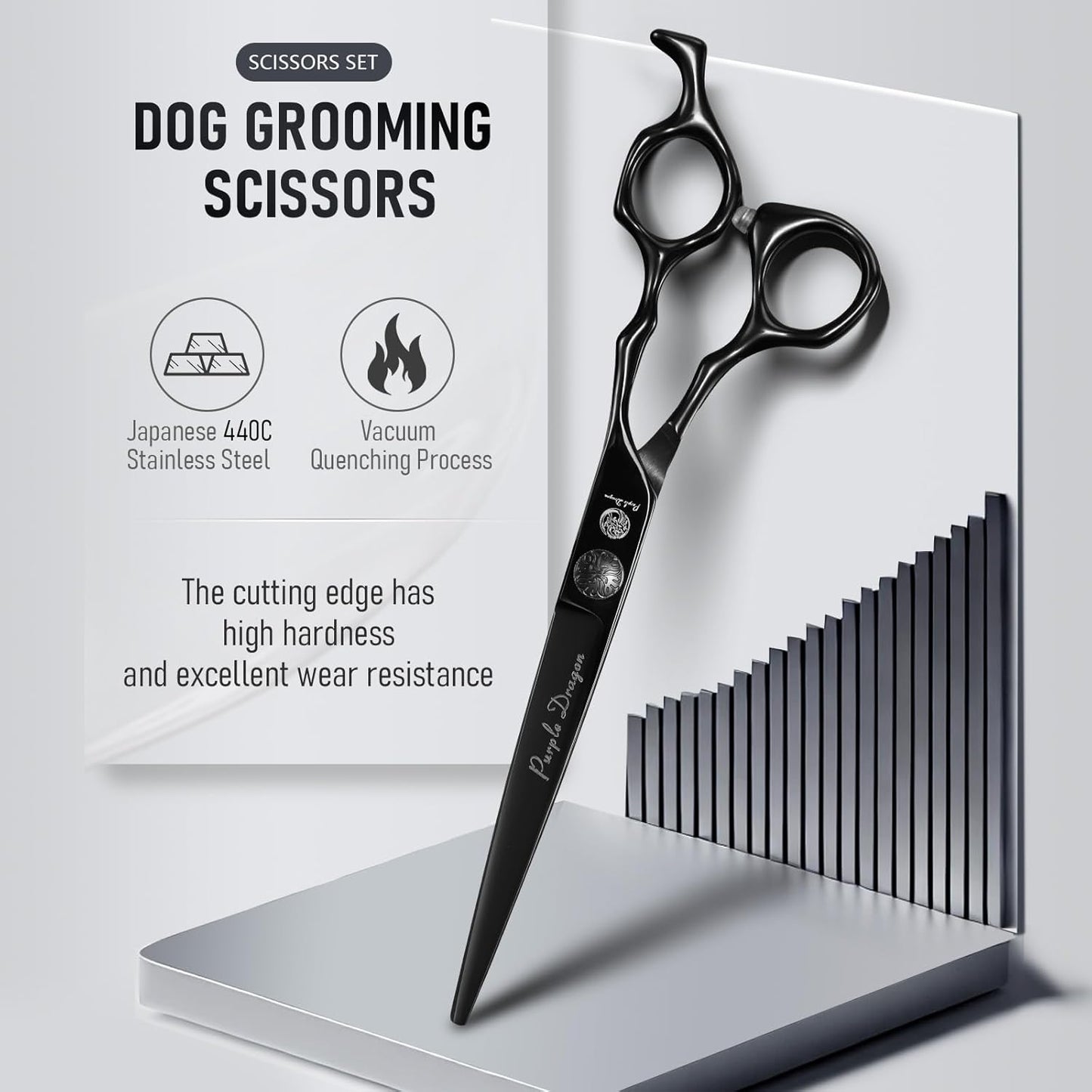 Purple Dragon Dog Grooming Scissors Set - Thinning, Straight, Up & Down Curved Scissors and Comb, 7 Inch Black Shears with Adjustable Screw for Dogs and Cats