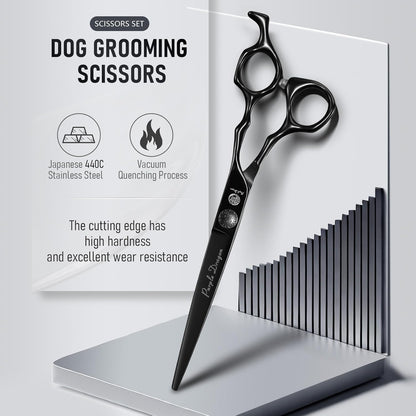 Purple Dragon Dog Grooming Scissors Set - Thinning, Straight, Up & Down Curved Scissors and Comb, 7 Inch Black Shears with Adjustable Screw for Dogs and Cats