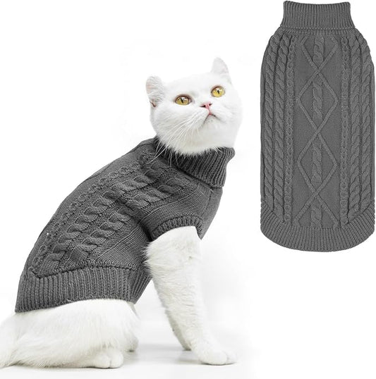 PUPTECK Winter Cat Sweater Coat - Soft Warm Cold Weather Clothes Knitwear for Kittens & Small Dogs Indoor Outdoor Wearing, Knitted Classic for Doggies Kitties Girls Boys, Grey, S