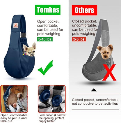 Tomkas Small Dog Sling Carrier - Zipper Pocket & Adjustable Strap - for 3-10 lbs Pets(Dark Blue)