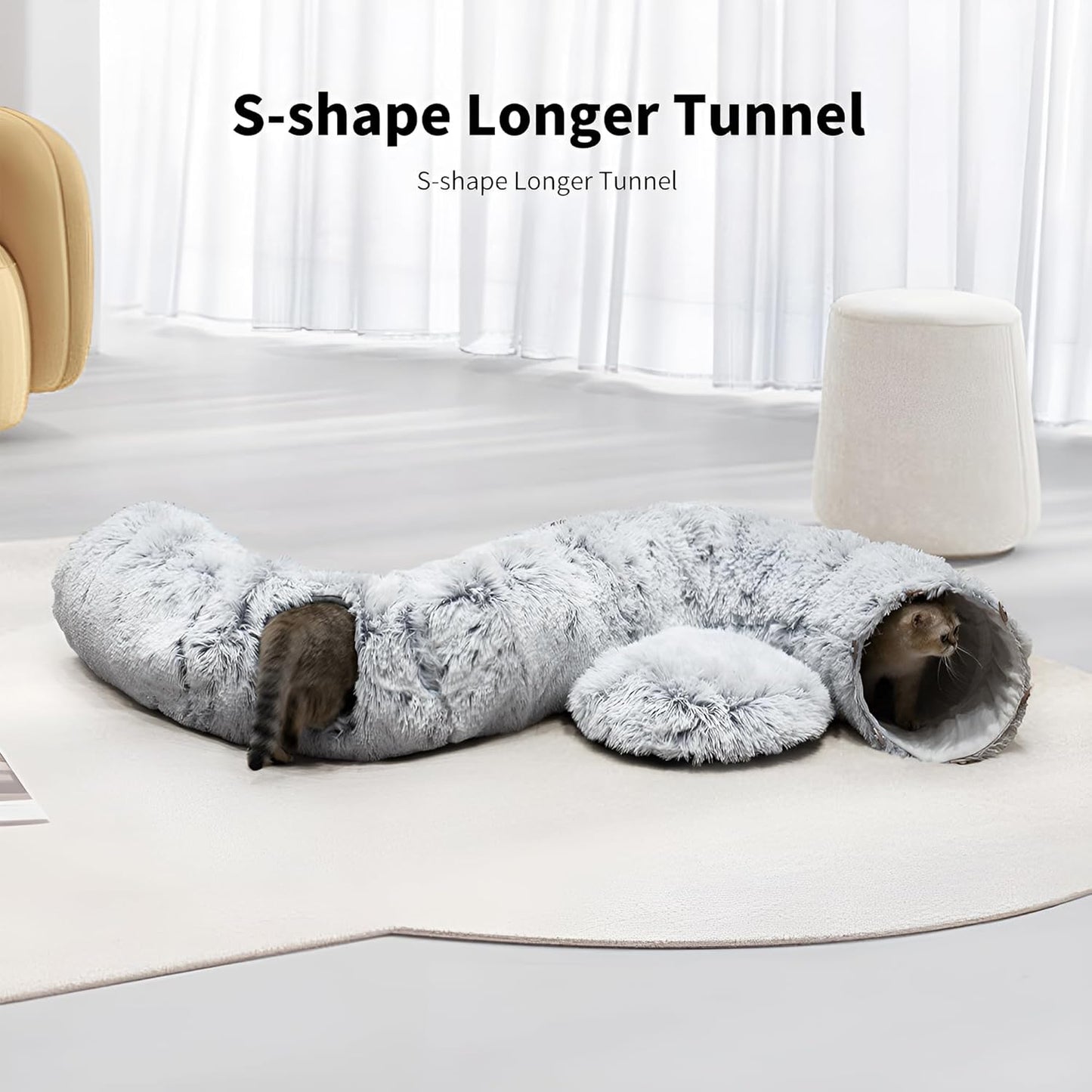 Cat Tunnel Bed for Indoor Cats with Washable Cushion Cat Cave Donut Tunnel with Fluffy Ball Big Round Tube Pet Playground Toys Soft Plush Peekaboo for Kitten, Cat, Puppy, Rabbit, Ferret