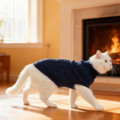 BINGPET Cat Sweater,Thermal Knitted Kitten Clothes Winter Coat,Classic Knit Turtleneck Cat Sweaters for Cats Only,Warm Pet Clothes for Kittens & Small Dogs Puppy Boy Girl Indoor Outdoor(Navy Blue,M)