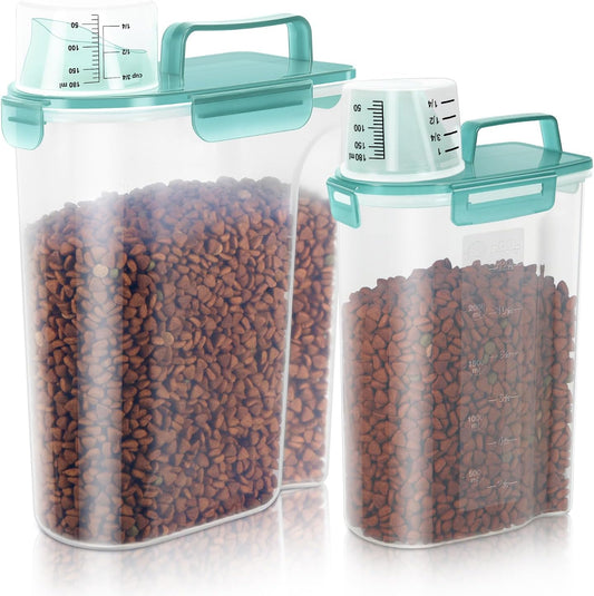 2Pack Cat Dog Food Storage Container with Upgraded Large Nozzle BPA-free, 3+5lbs Plastic Pet Food Containers with 4 Sealed Clasps/1 Measuring Cup/ Handle Easy to Clean and Carry (Clear Blue)