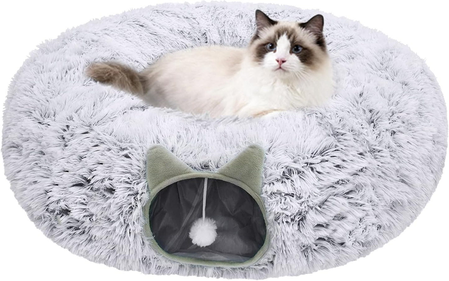 Cat Tunnel Bed for Indoor Cats, Soft Plush Donut Peekaboo Cat Cave, Multifunctional Playground Toy for Small Medium Large Cats, Kittens, Rabbits, Ferrets, with Washable Cushion(Grey)