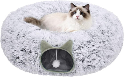 Cat Tunnel Bed for Indoor Cats, Soft Plush Donut Peekaboo Cat Cave, Multifunctional Playground Toy for Small Medium Large Cats, Kittens, Rabbits, Ferrets, with Washable Cushion(Grey)