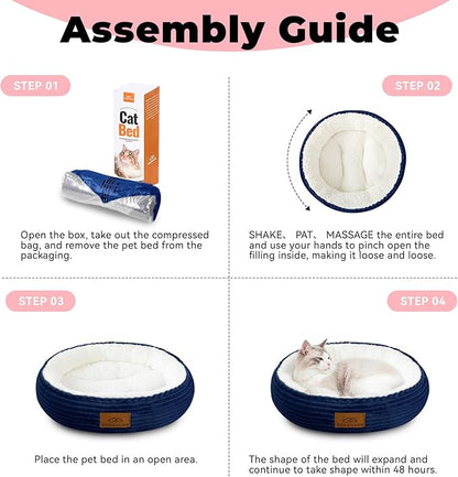 20in Washable Cat Beds for Indoor Cats - Round Donut Pet Bed for Cats, Small Dogs, Puppy, Kitten - Anti-Slip Bottom, Calming Bed Gift - Navy Blue