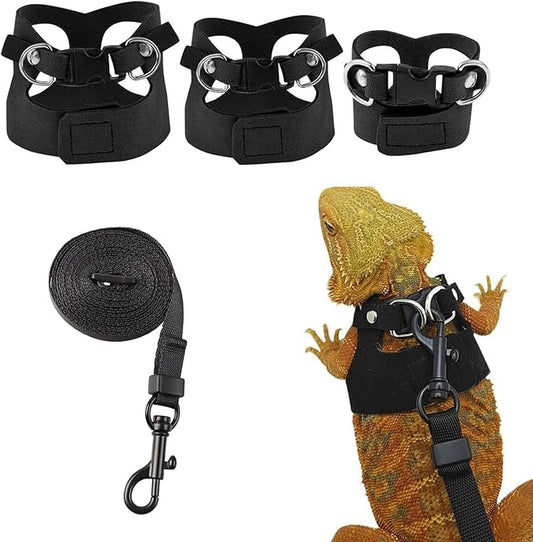 KABASI Bearded Dragon Harness Leash Set, 3 Size Adjustable Lizards Training Walking Leather Vest Escape-Proof Traction Rope for Squirrel and Other Outdoor Small Reptiles (Black)