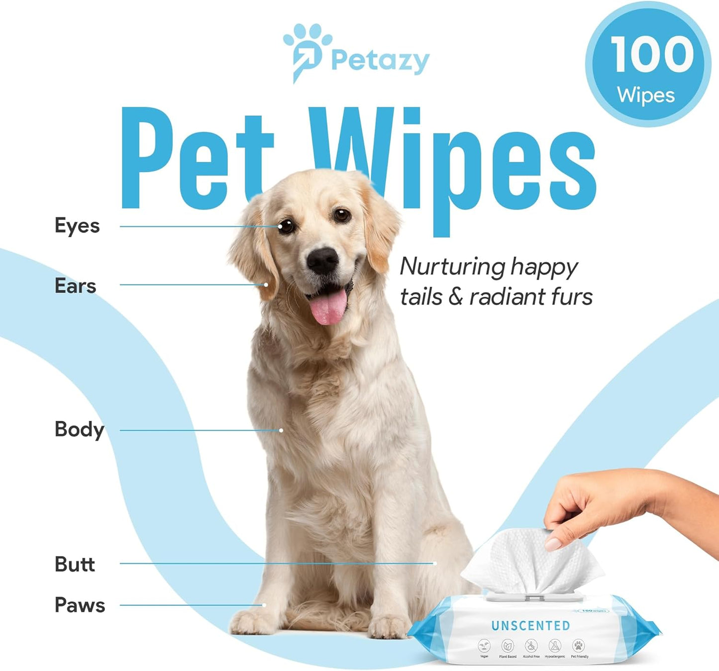 Dog Wipes for Paws and Butt Ears Eyes | Unscented Natural Pet Wipes for Dogs | Hypoallergenic Dog Wipes Cleaning Deodorizing | Extra Thick Plant Based Wipes Dogs Cats Pets | 100 Count