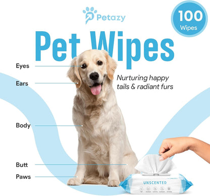 Dog Wipes for Paws and Butt Ears Eyes | Unscented Natural Pet Wipes for Dogs | Hypoallergenic Dog Wipes Cleaning Deodorizing | Extra Thick Plant Based Wipes Dogs Cats Pets | 100 Count