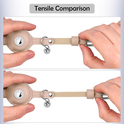 OOPSDOGGY Cat Collar for AirTag Holder, Leather Kitten Collars with Elastic Strap & Bell, Non Breakaway Adjustable Small Pet Collars for Indoor & Outdoor for Boy, Girl (Beige)