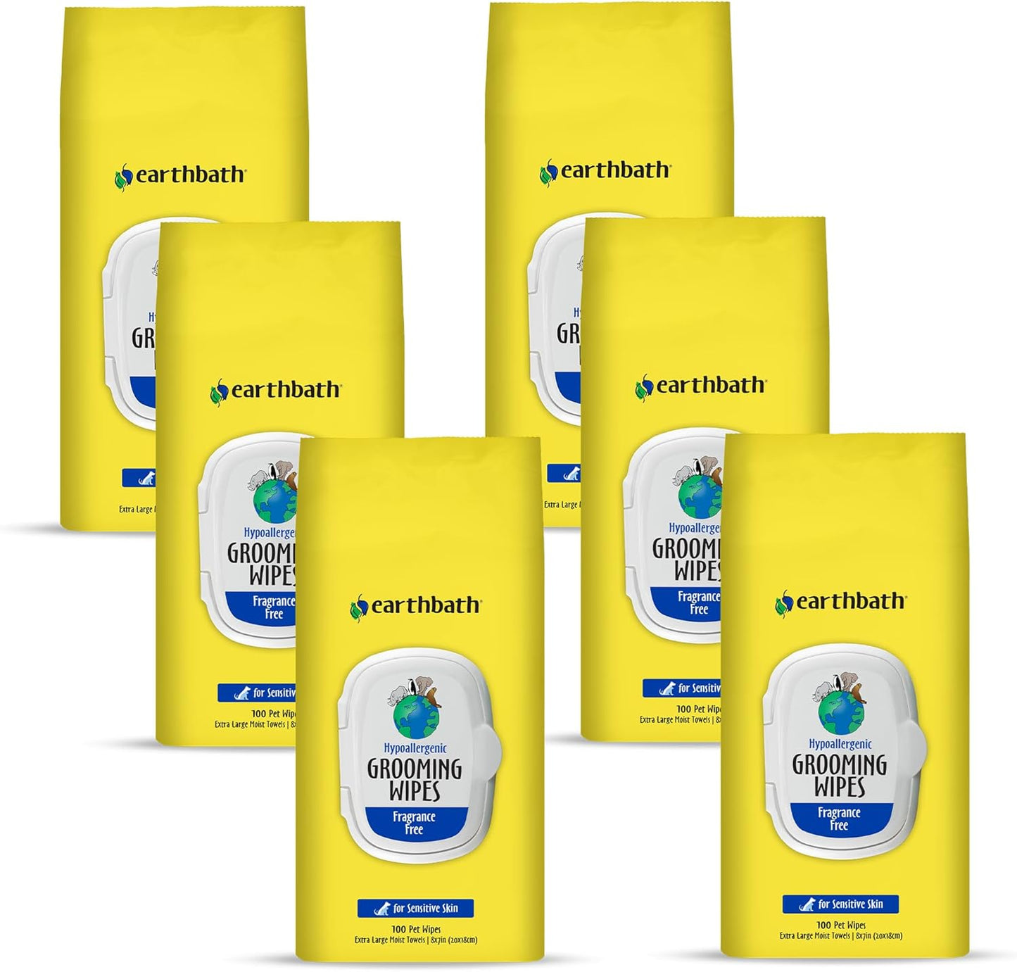 earthbath, Hypo-Allergenic Grooming Wipes - Fragrance Free Dog Wipes for Paws and Butt, Best Pet Wipes for Dogs with Sensitive Skin, Made in USA, Cruelty-Free Dog Cleaning Wipes - 100 Count (6 Pack)