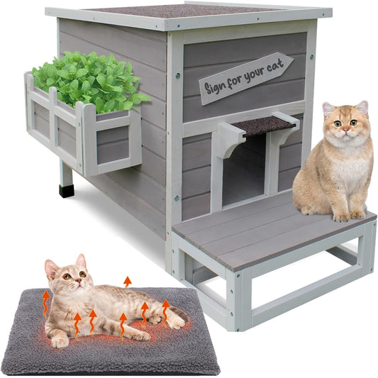 Rockever Outdoor Cat House, Large Outdoor Houses for Feral Cats with Self-Warming Mat Wooden Outside Cat Shelter Weatherproof with Escape Door