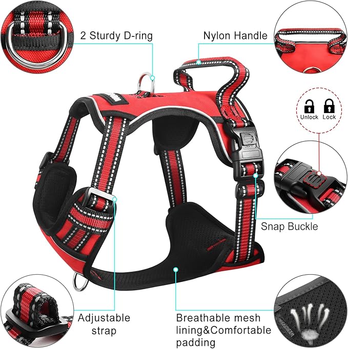 WINSEE Dog Harness No Pull, Pet Harnesses with Dog Collar, Adjustable Reflective Oxford Outdoor Vest, Front/Back Leash Clips for Small, Medium, Large, Extra Large Dogs, Easy Control Handle for Walking