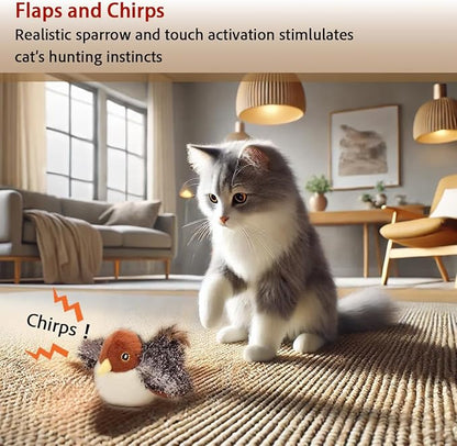 Realistic Cat Toys, Rechargeable Interactive Flappy Bird, Flapping Bird Sparrow, Touch Activated Kitten Toy Cat Exercise Toys, Simulated Chirping Moving Bird Catnip Toys
