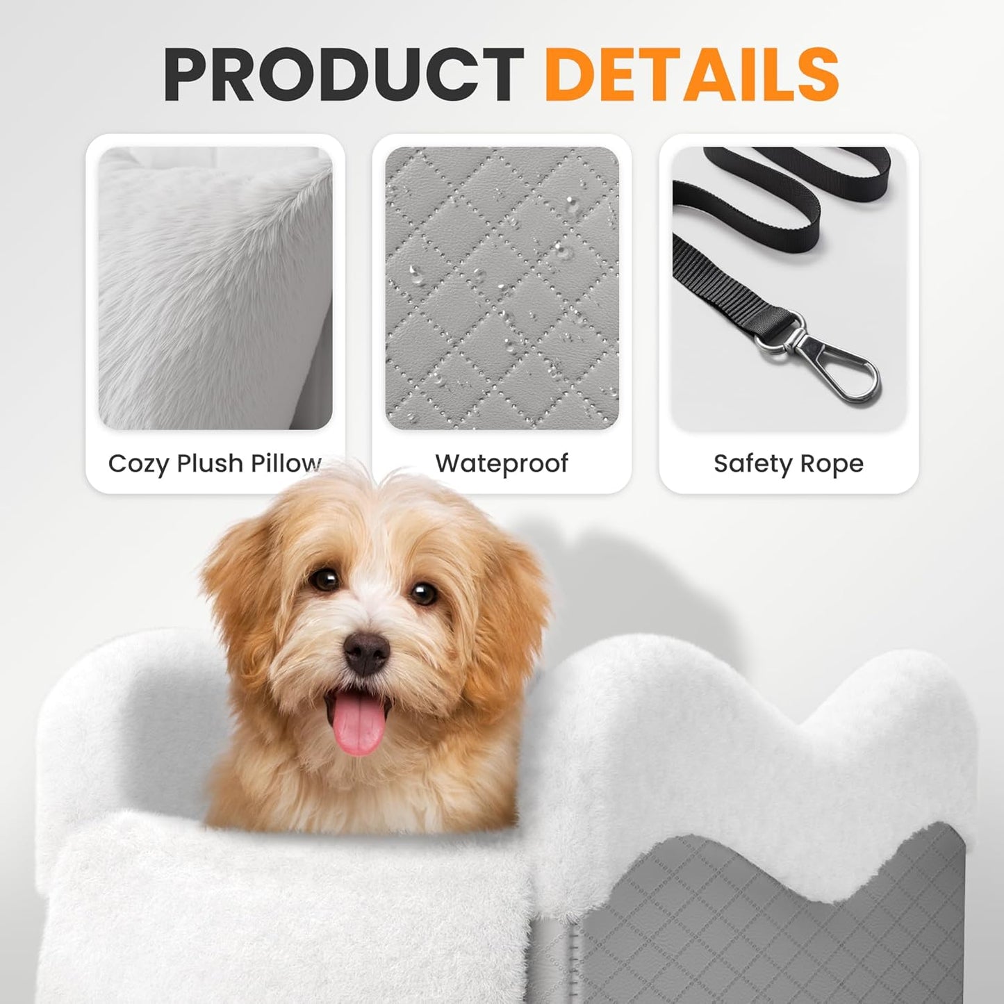 Portable Small Dog Seat for Car, Luxury Center Console Dog Car Seat Booster with Safety Tethers, Auti-Collapse Pet Travel Carseat for SUV, Truck (Light Grey/White)