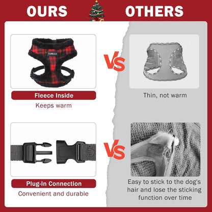 SCENEREAL Small Dog Harness Collar and Leash Set, Warm Fleece No Pull Puppy Vest Harness, Christmas Dog Outfit No Chock Adjustable Step in Pet Halter for Outdoor Walking Training, Red Plaid M