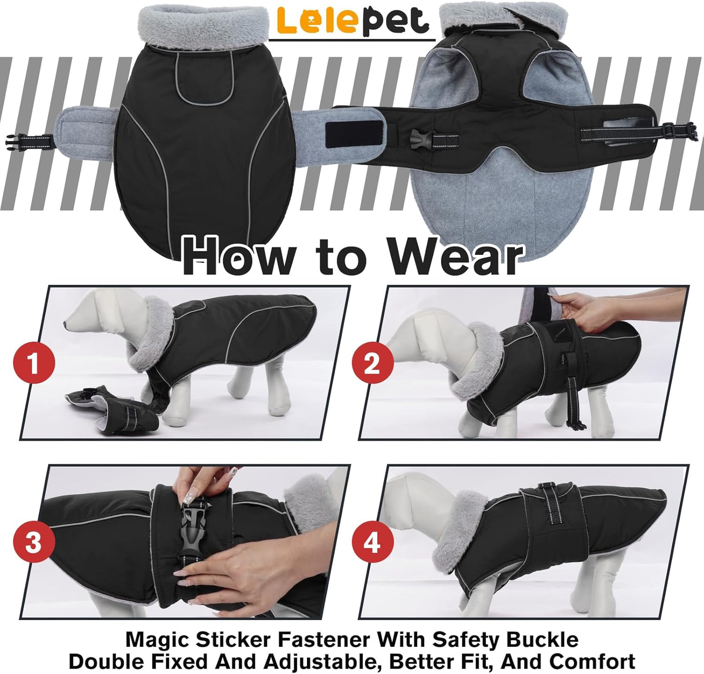 Lelepet Warm Dog Coats for Small Dogs Waterproof Dog Jacket Reflective Pet Fleece Vest Windproof Cold Weather Coats with Adjustable Buckle & Leash Hole, Black, S