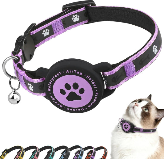 Airtag Cat Collar Breakaway, Reflective Cat Collar with AirTag Holder and Bell, Compatible with Apple Air Tag, Comfortable Padding, Adjustable, Durable (Purple, XS)