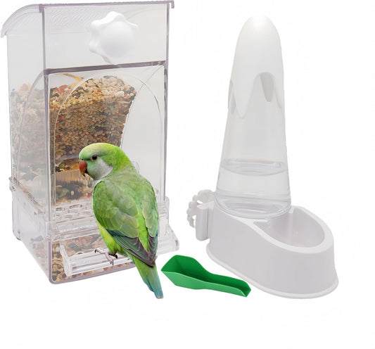 Automatic No Mess Bird Feeder and Water Dispenser Set, Acrylic Food Container and Drinker Bowl for Parrot Cage, Easy Clean Accessories for Parakeets Cockatiels Lovebirds and Other Small Pets
