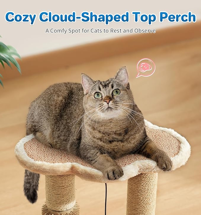 Made4Pets Cat Scratching Post, Cat Self Groomer for Indoor Cats, Cloud Soft Perch for Rest, 17.5" Tall Natural Sisal Scratcher Cat Grooming Interactive Ball Track Toys for Small Cats Kittens