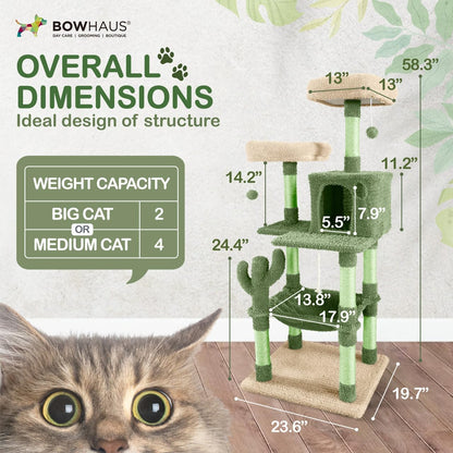 CAPHAUS Cactus Cat Tree for Indoor Cats, Cute 58-Inch Cat Climbing Play Tower with Top Perch for Large Cats Kittens, Multi-Level Cat Activity Tree with Scratching Posts, Hammock, Cat Cave Condo