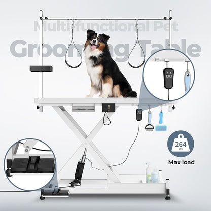 Electric Lift Dog Grooming Table, Upgrade 50 Inch Heavy Duty Professional Pet Grooming Table with Tool Organizer for Large Dogs at Home with Adjustable Overhead Arms and 2 Grooming Noose, White