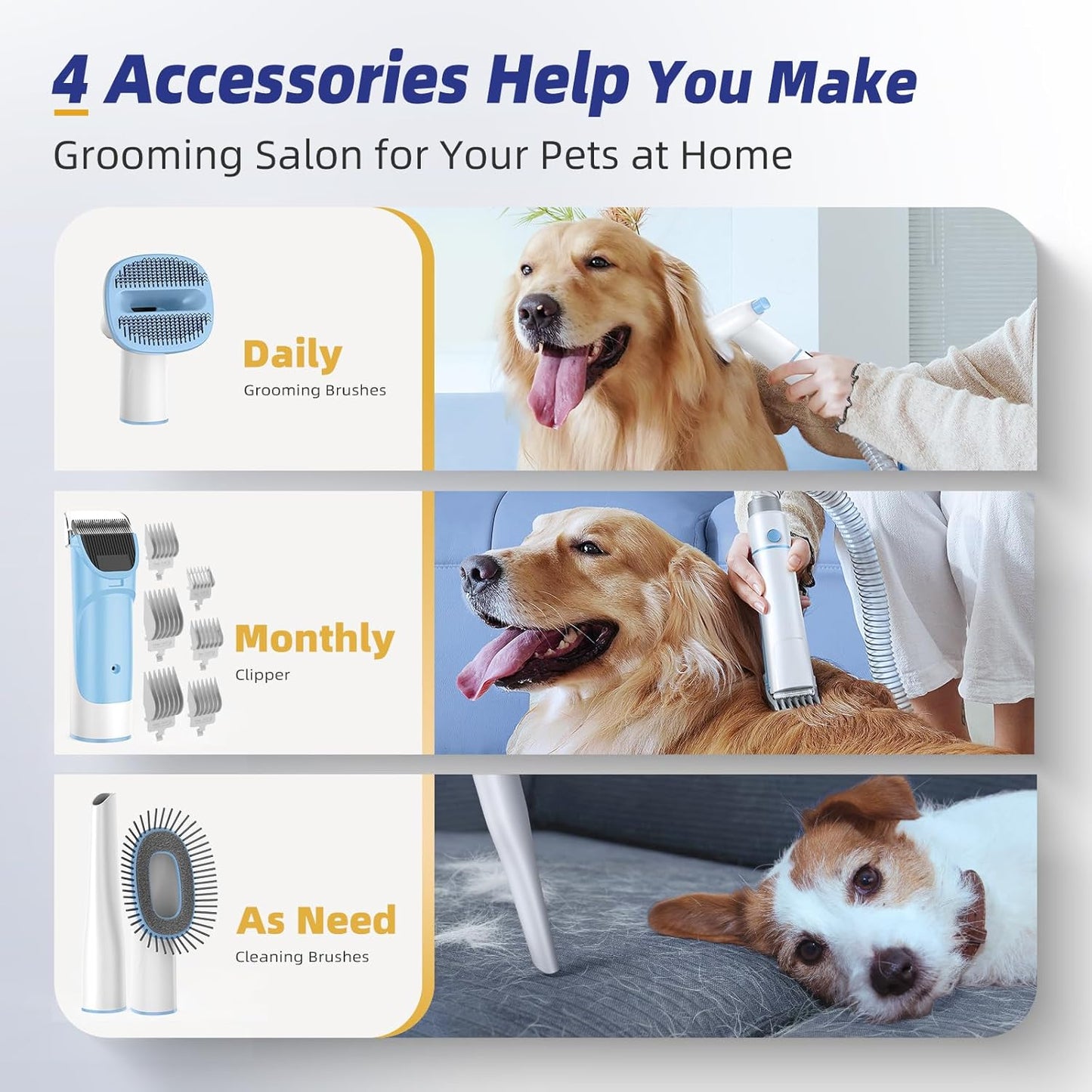 Dog Grooming Kit with Vacuum, All-in-One Pet Grooming Vacuum for Dogs and Cats, Low Noise Pet Hair Clipper & Shedding Brush, Dog Hair Remover, Cat Pet Groomer Set with Cleaning Brushes, Blue