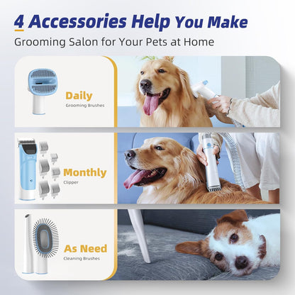 Dog Grooming Kit with Vacuum, All-in-One Pet Grooming Vacuum for Dogs and Cats, Low Noise Pet Hair Clipper & Shedding Brush, Dog Hair Remover, Cat Pet Groomer Set with Cleaning Brushes, Blue