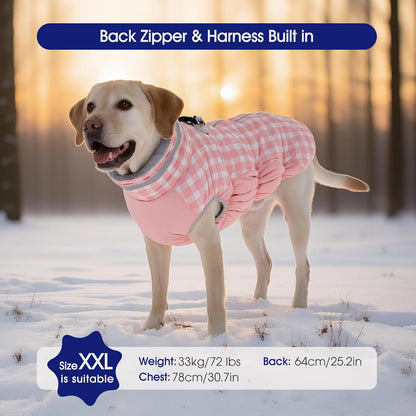FUAMEY Dog Coat for Large Dogs,Waterproof Dog Winter Jacket with Harness Built in Puppy Cold Weather Coats Reflective Pet Vest with Zipper Warm Fleece Dogs Snowsuit Windproof Pink Plaid XL